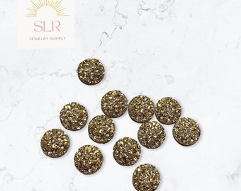 8mm/10mm Gold Glitter Faux Druzy Flatback Resin Round Cabochon DIY Jewelry Set of 10