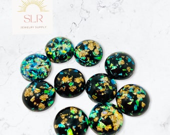 8mm/10mm/12mm Black with Gold Foil Fleck Round Resin Flatback Cabochons DIY Jewelry Set of 10