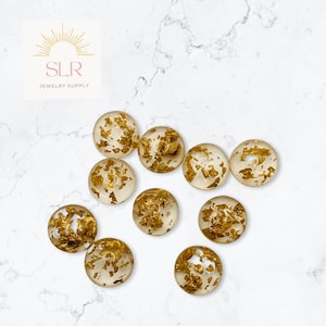 8mm/12mm Clear with Gold Foil Fleck Round Resin Flatback Cabochons DIY Jewelry Set of 10
