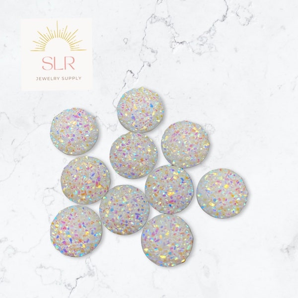 8mm/10mm/12mm Sparkly White Faux Druzy Flatback Resin Round Cabochon DIY Jewelry Set of 10