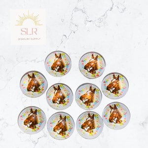 12mm braunes Pferd mit floralen Akzenten Runde Glas Cabochons DIY Schmuck Set von 10