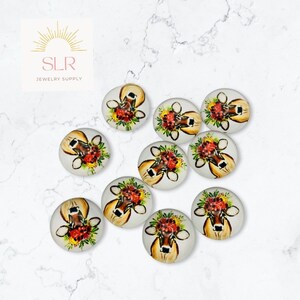 Cabochons ronds en verre avec couronne de fleurs, vache brune, 12 mm, lot de 10 bijoux à faire soi-même