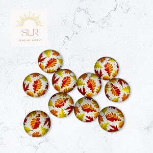Peut inclure: Dix cabochons ronds en verre avec un fond blanc et un motif de feuilles rouges, orange et jaunes.
