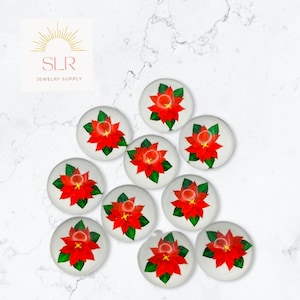 12mm roter Weihnachtsstern mit grünen Blättern auf weißem Hintergrund Floral Runde Glas Cabochon DIY Schmuckset von 10