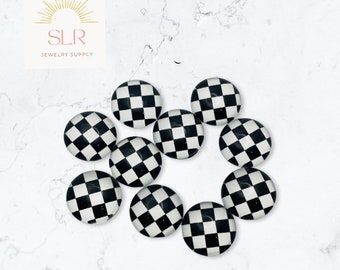 12mm Black and White Checkered Round Glass Cabochons DIY Jewelry Set of 10