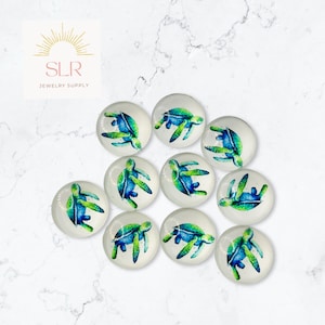 Tortuga marina verde y azul de 12 mm con fondo blanco Cabujones de vidrio redondos Juego de joyería DIY de 10
