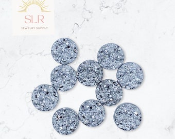 8mm/10mm/12mm Silver Faux Druzy Ore Resin Round Cabochon DIY Jewelry Set of 10