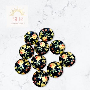 12 mm zwarte bloemen ronde glazen cabochon DIY-sieradenset van 10