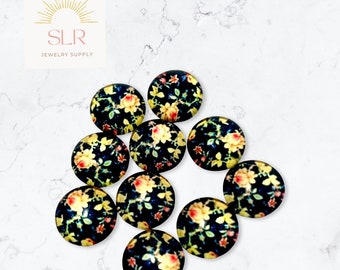 12mm Black Floral Round Glass Cabochon DIY Jewelry Set of 10