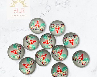 12mm Three Christmas Gnomes on Grey Background Round Glass Cabochons DIY Jewelry Set of 10