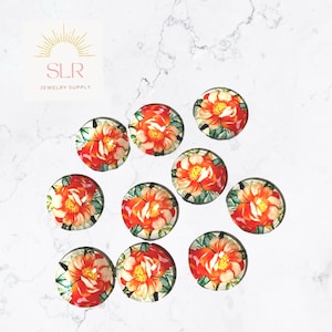 12mm Pink Floral with Green Accents Round Glass Cabochon DIY Jewelry Set of 10
