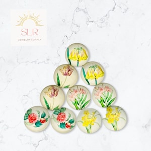 Lot de 10 cabochons en verre ronds à motifs floraux, 12 mm, lot de 10