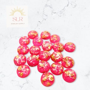 12mm Hot Pink with Gold Foil Fleck Round Resin Flatback Cabochons DIY Jewelry Set of 10