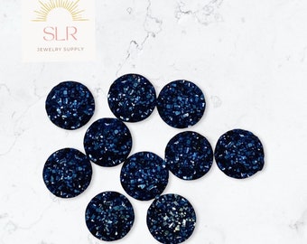 8mm/10mm/12mm Blue Black Faux Druzy Flatback Resin Round Cabochon DIY Jewelry Set of 10