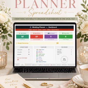 Puede incluir: Una hoja de cálculo digital para planificar bodas en la pantalla de un portátil, con un panel de control para el presupuesto, el recuento de invitados y el seguimiento de tareas. La interfaz incluye pestañas para presupuesto y lista.