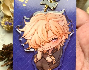 May include: A clear acrylic keychain featuring an anime character with blonde hair and purple eyes. The character is wearing a brown and gold outfit and is sitting with their legs crossed. The keychain is attached to a gold metal chain and a small silver charm. The background is a dark blue with a white grid pattern. The text "Eepy Churin 9cm epoxy charm" is printed on the background. The text "tkm_shuu" is printed at the bottom of the background.