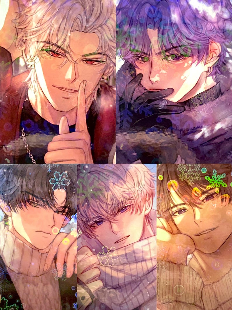 May include: A collection of five anime-style portraits of young men with diverse hair colours, including silver, purple, and brown. Each character has a unique expression and is wearing winter clothing, such as sweaters and scarves. The artwork has a soft, colourful aesthetic.