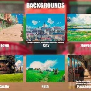 May include: A collection of six animated backgrounds, including a town, city, flowers, castle, path, and passengers on a train. The word "BACKGROUNDS" is at the top, with each scene labeled below.
