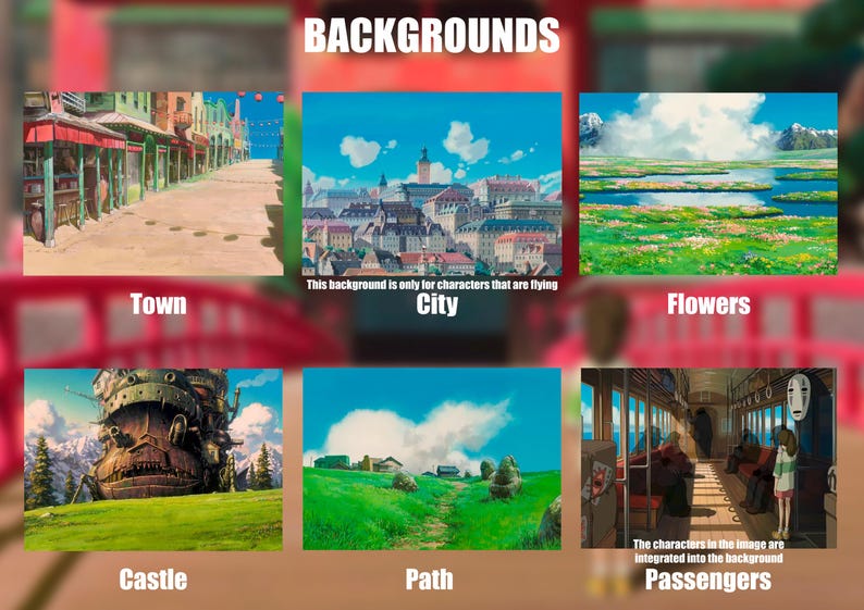 May include: A collection of six animated backgrounds, including a town, city, flowers, castle, path, and passengers on a train. The word "BACKGROUNDS" is at the top, with each scene labeled below.