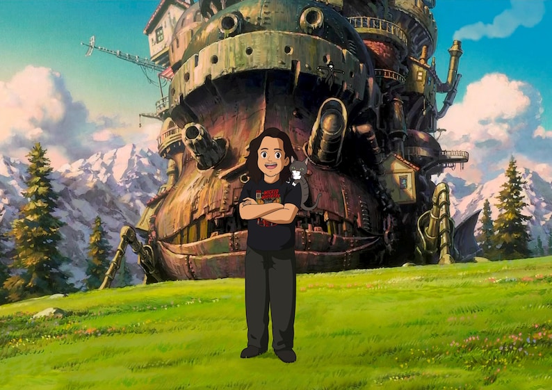 May include: An animated scene featuring a person standing in front of a large, detailed, moving castle. The person is wearing a black t-shirt and trousers. The background includes mountains, trees, and a blue sky.
