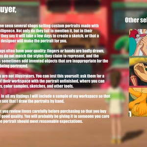 May include: Image with text: "Dear buyer," warning about AI-generated portraits. It advises buyers to check for hand-drawn work and includes examples of poor quality. The image also features illustrations from a cartoon.