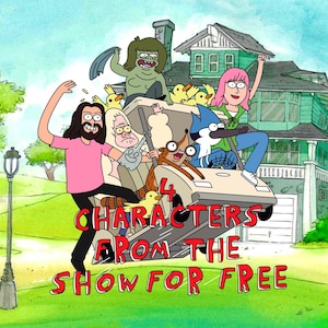 May include: Cartoon image featuring characters from the show. The characters are in a golf cart with a house in the background. Text reads "4 Characters From The Show For Free". The characters are in various poses.