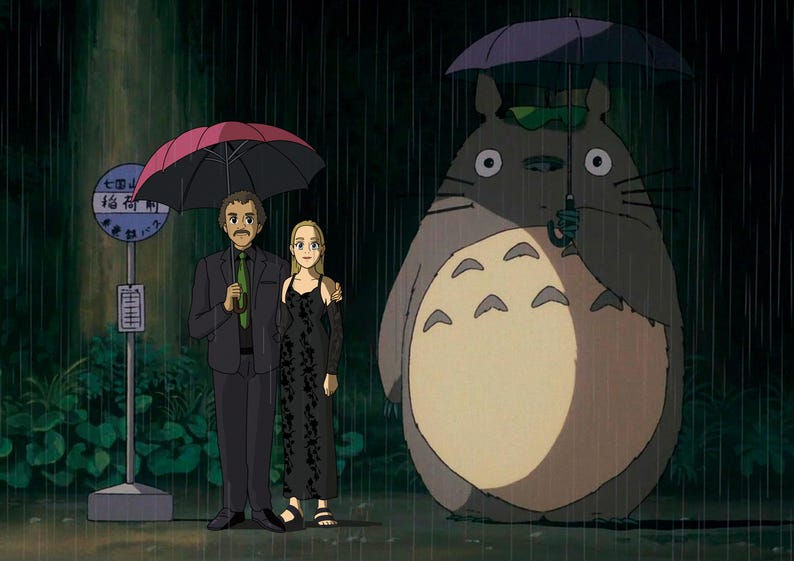 May include: An animated scene shows a couple and a large, grey creature sheltering from the rain under umbrellas. The couple stands near a bus stop sign. The creature, resembling a large cat, holds a purple umbrella.