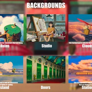 May include: An image displaying six distinct background scenes, each with a descriptive label. The scenes are Ruins, Studio, Clouds, Island, Doors, and Station. Text indicates which scenes are for flying or sailing characters.