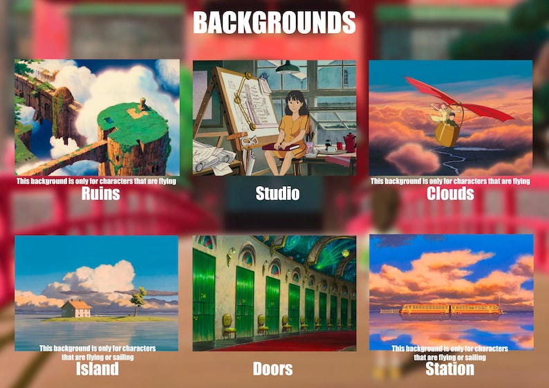 May include: An image displaying six distinct background scenes, each with a descriptive label. The scenes are Ruins, Studio, Clouds, Island, Doors, and Station. Text indicates which scenes are for flying or sailing characters.