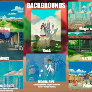 May include: A selection of anime-style background illustrations. Scenes include a spring landscape, a street with shops, a magic city, a rock formation with figures, a garden, magic clouds, a magic sky, and a palace. Text labels identify each scene.