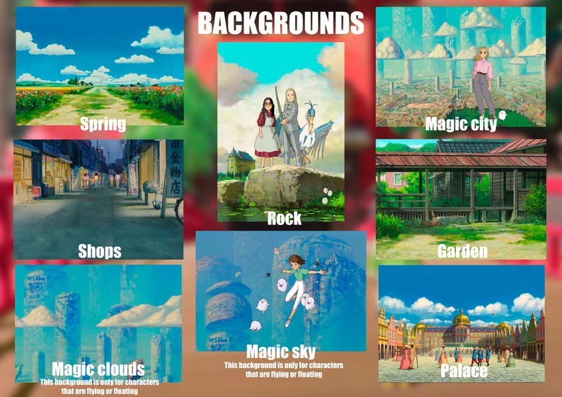 May include: A selection of anime-style background illustrations. Scenes include a spring landscape, a street with shops, a magic city, a rock formation with figures, a garden, magic clouds, a magic sky, and a palace. Text labels identify each scene.