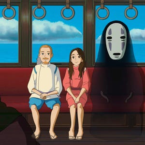 May include: A cartoon image of a train interior with three figures seated on a red bench. The background shows a blue sea and sky. One figure is a tall, dark character with a white mask. Two other figures are a man and a woman.