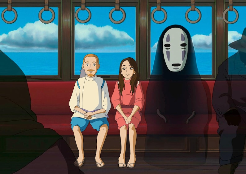 May include: A cartoon image of a train interior with three figures seated on a red bench. The background shows a blue sea and sky. One figure is a tall, dark character with a white mask. Two other figures are a man and a woman.
