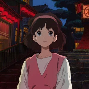 May include: An animated illustration of a young girl with brown hair and a pink headband, wearing a pink vest over a white shirt. She stands in front of a building with red lanterns and a traditional Japanese lantern.