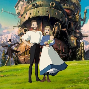 May include: A cartoon image of a family posing in front of a large, industrial-looking building. The family consists of a man in a white shirt and black trousers, a woman in a blue and white dress holding a baby, and a scarecrow. The background shows a green field, mountains, and a blue sky.