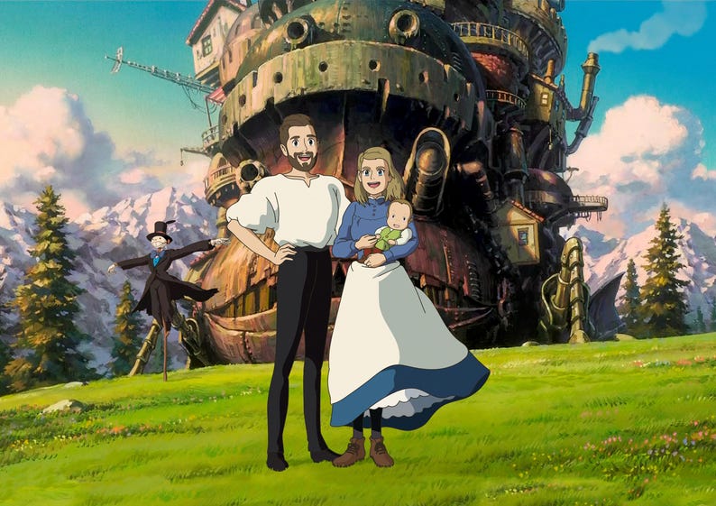 May include: A cartoon image of a family posing in front of a large, industrial-looking building. The family consists of a man in a white shirt and black trousers, a woman in a blue and white dress holding a baby, and a scarecrow. The background shows a green field, mountains, and a blue sky.