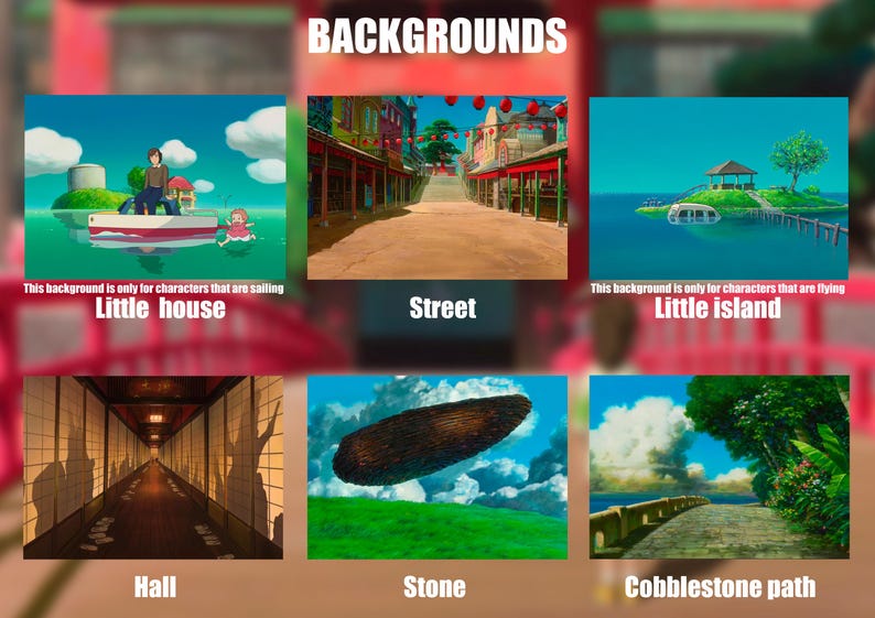 May include: An image displaying six animated backgrounds. The backgrounds include a little house on the water, a street with buildings, a little island, a hall, a stone, and a cobblestone path. Text on the image reads "BACKGROUNDS".