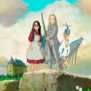 May include: An animated illustration shows two people and a large bird on a rock. One person wears a red dress and glasses, the other a grey suit and holds a long pole. A castle and water with lily pads are in the background.