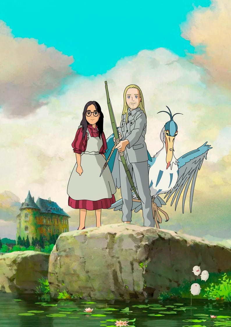 May include: An animated illustration shows two people and a large bird on a rock. One person wears a red dress and glasses, the other a grey suit and holds a long pole. A castle and water with lily pads are in the background.