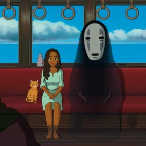May include: An animated scene inside a train carriage with a red bench. A woman in a light blue dress sits next to an orange cat. A large, shadowy figure with a white mask is also present. The background shows a blue ocean and sky.