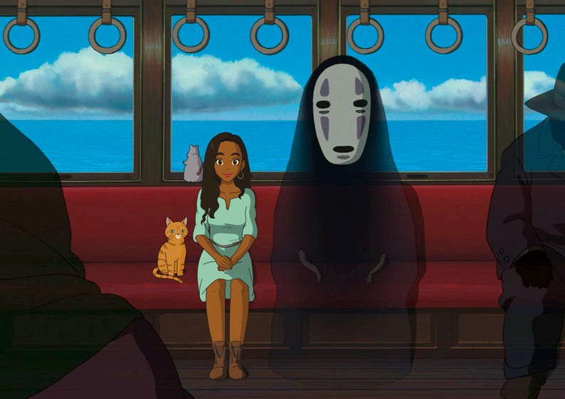 May include: An animated scene inside a train carriage with a red bench. A woman in a light blue dress sits next to an orange cat. A large, shadowy figure with a white mask is also present. The background shows a blue ocean and sky.