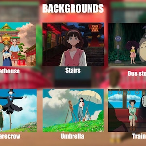 May include: A collection of six animated backgrounds from a film. The scenes feature a bathhouse, stairs, a bus stop with a large creature, a scarecrow, a person with an umbrella, and a train interior.