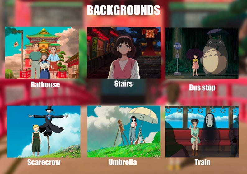 May include: A collection of six animated backgrounds from a film. The scenes feature a bathhouse, stairs, a bus stop with a large creature, a scarecrow, a person with an umbrella, and a train interior.