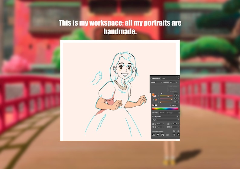 May include: An anime-style illustration of a smiling character in a white dress, outlined in light blue. The image includes the text "This is my workspace; all my portraits are handmade."