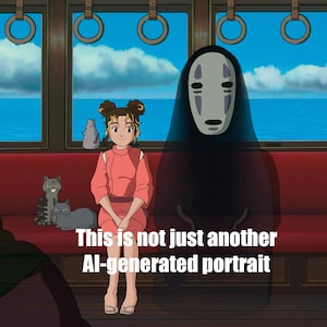 May include: A scene from an animated film showing a girl in a pink dress, a faceless character, and cats on a train. The text "This is not just another AI-generated portrait" is visible at the bottom of the image.