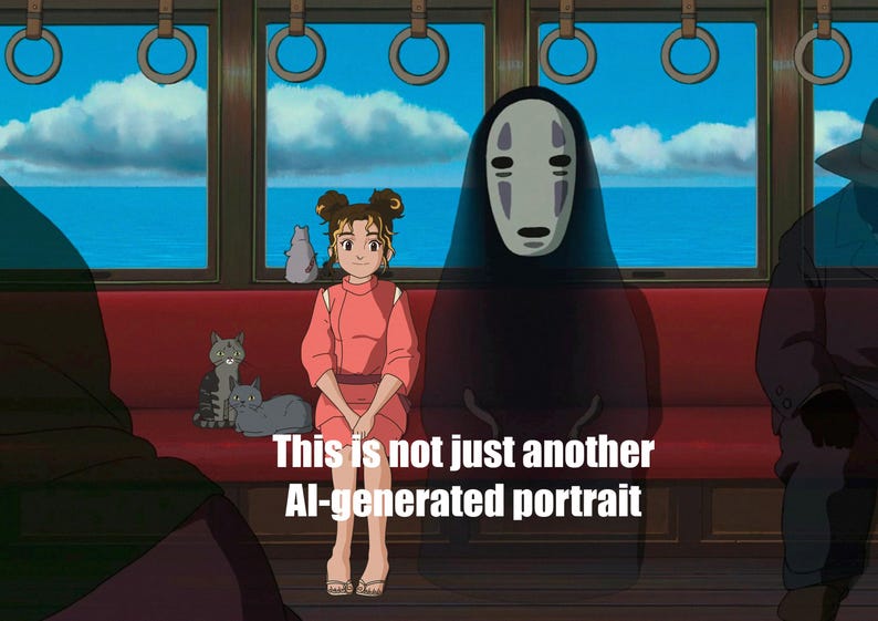 May include: A scene from an animated film showing a girl in a pink dress, a faceless character, and cats on a train. The text "This is not just another AI-generated portrait" is visible at the bottom of the image.
