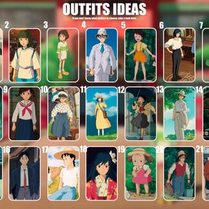 May include: A vibrant collection of 21 outfit suggestions, each showcasing a different anime character in diverse attire. The outfits vary from casual to formal, with a wide array of colours and styles. The text "OUTFITS IDEAS" is displayed at the top.