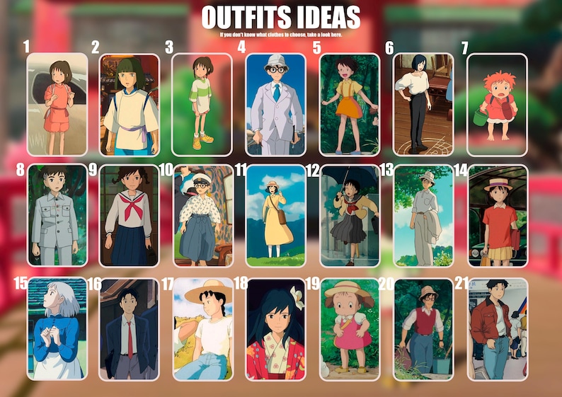 May include: A vibrant collection of 21 outfit suggestions, each showcasing a different anime character in diverse attire. The outfits vary from casual to formal, with a wide array of colours and styles. The text "OUTFITS IDEAS" is displayed at the top.