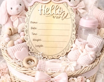 Hello World Plaque | Birth Stats Plaque | Bow | Whimsical | Birth Announcement | Wildflowers | Scallop | Hello World | Newborn