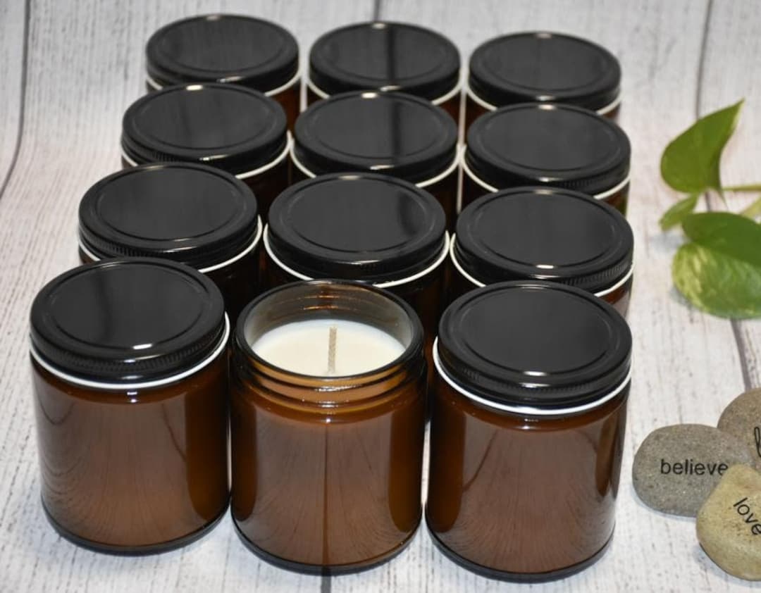 9OZ Amber Jar Bulk Candles Wholesale Black Lid No Label 12 Pack